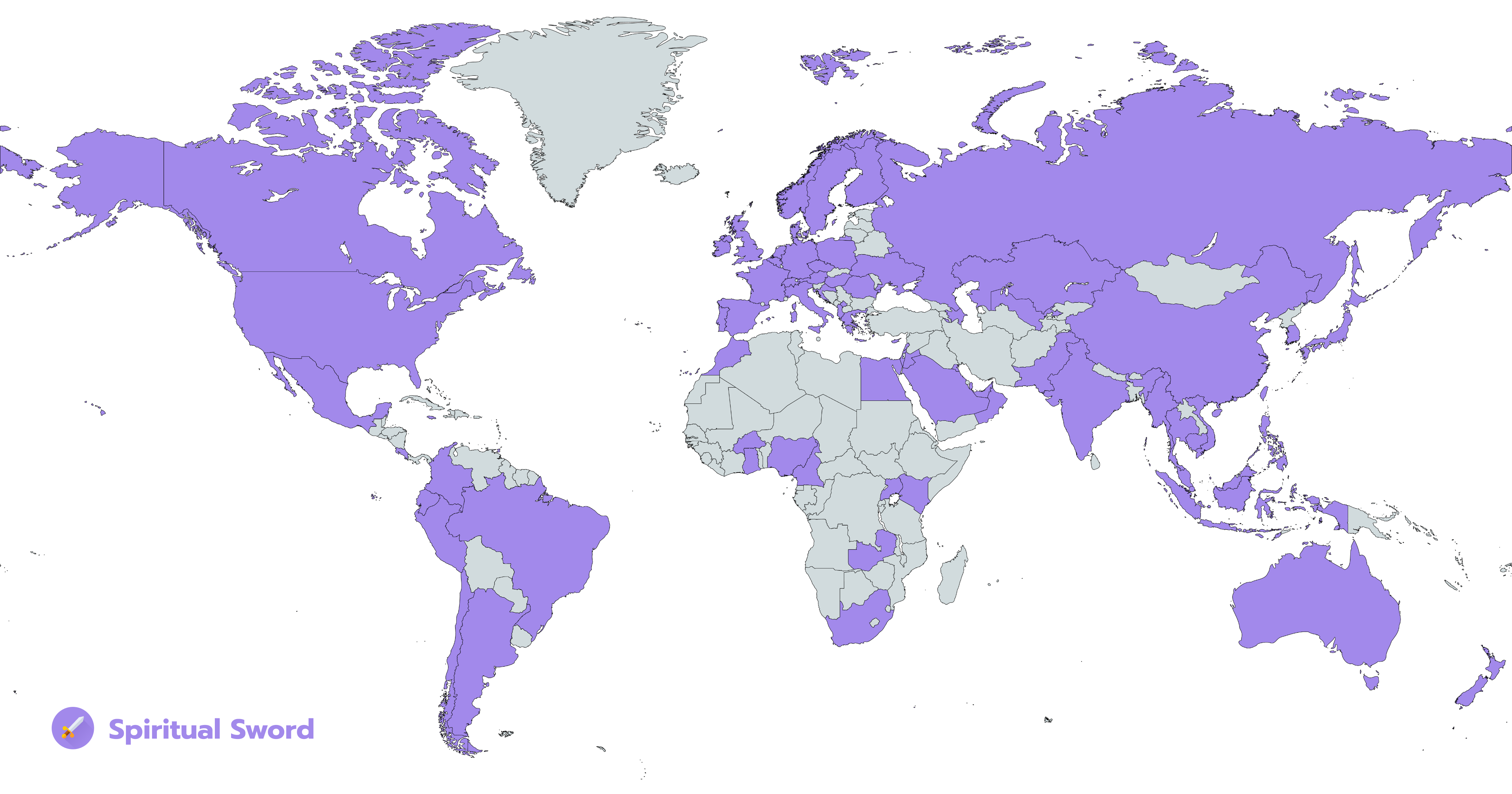 World map highlighting countries with Spiritual Sword users